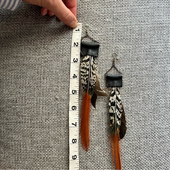 Pheasant Feather and Genuine Leather Extra-Long Dangly Earrings 🌿 - Picture 3 of 10